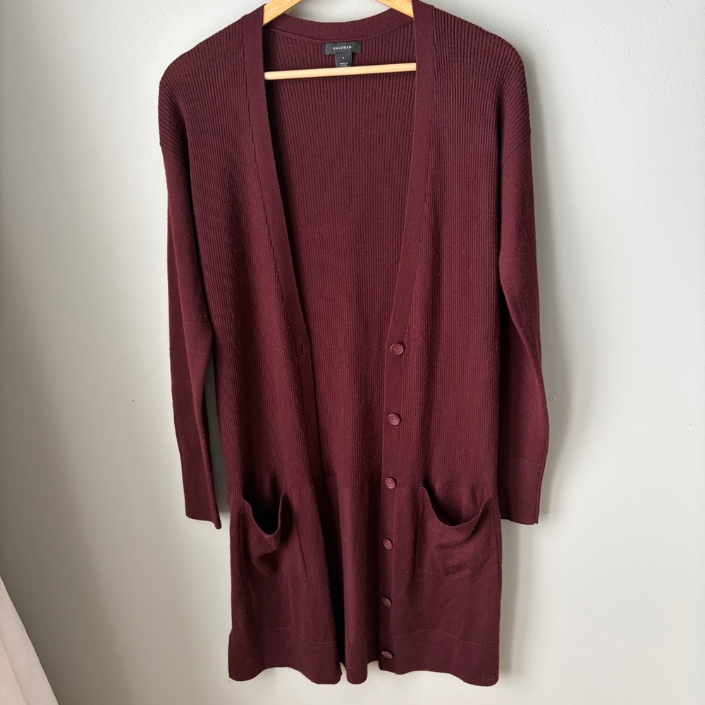 HALOGEN Women's Burgundy‎ Ribbed Button-Up Cardigan Size S - Wool Blend